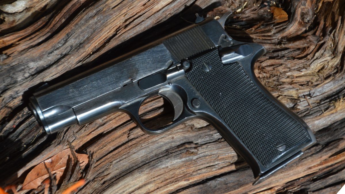 A Star BM 9mm handgun on a driftwood plank