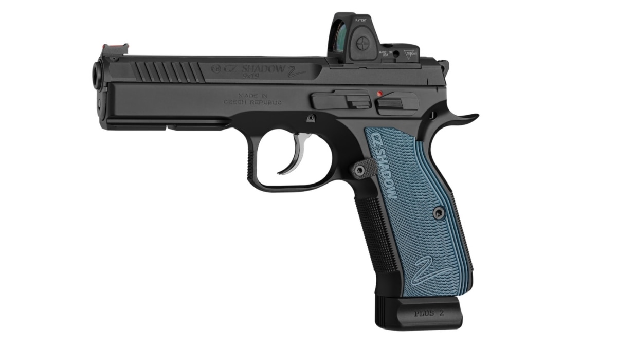 CZ Shadow 2 OR model with red dot optic and blue grips in lightbox
