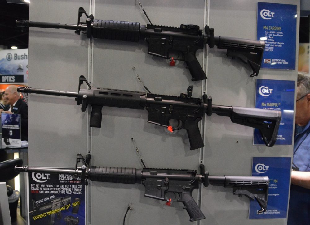 A rack of Colt AR-15 rifles on display in 2017