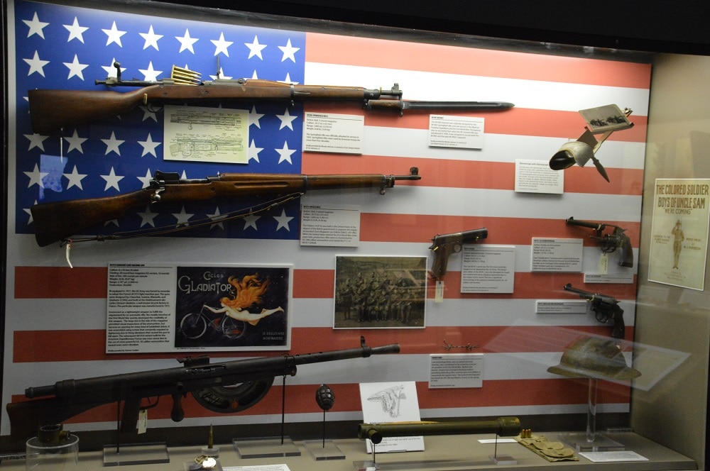 U.S. military firearms of WWI, including the M1903 Springfield, M1917 Enfield, Chauchat light machine gun, M1911 .45 Government Issue, and M1917 .45 ACp revolver (Photo: Chris Eger/Guns.com)