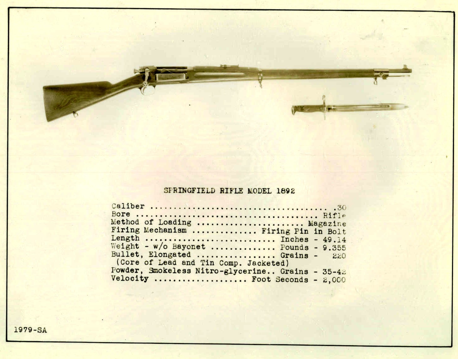 1892 Model Springfield rifle. Bolt-operated krag 1979-SA.A.1
