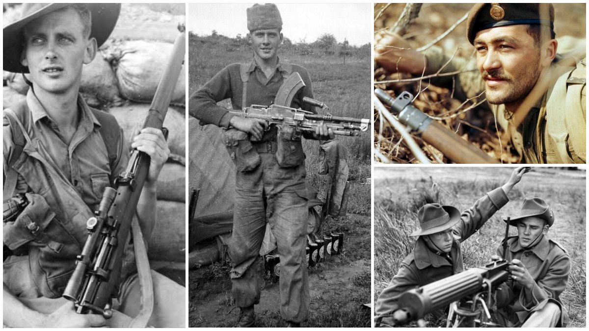 From left to right: an Australian soldier in Korea with an Enfield sniper rifle variant, a British trooper of the Royal Norfolk Regiment in Korea with his trusty BREN gun, a soldier of the 2nd Battalion Princess Patricia's Canadian Light Infantry gripping his No. 4 Enfield on a hill in Korea, and an Australian Vickers machine gun crew near the Tanjong River. (Photos: Australian War Memorial, Imperial War Museum, Libraries & Archives Canada)