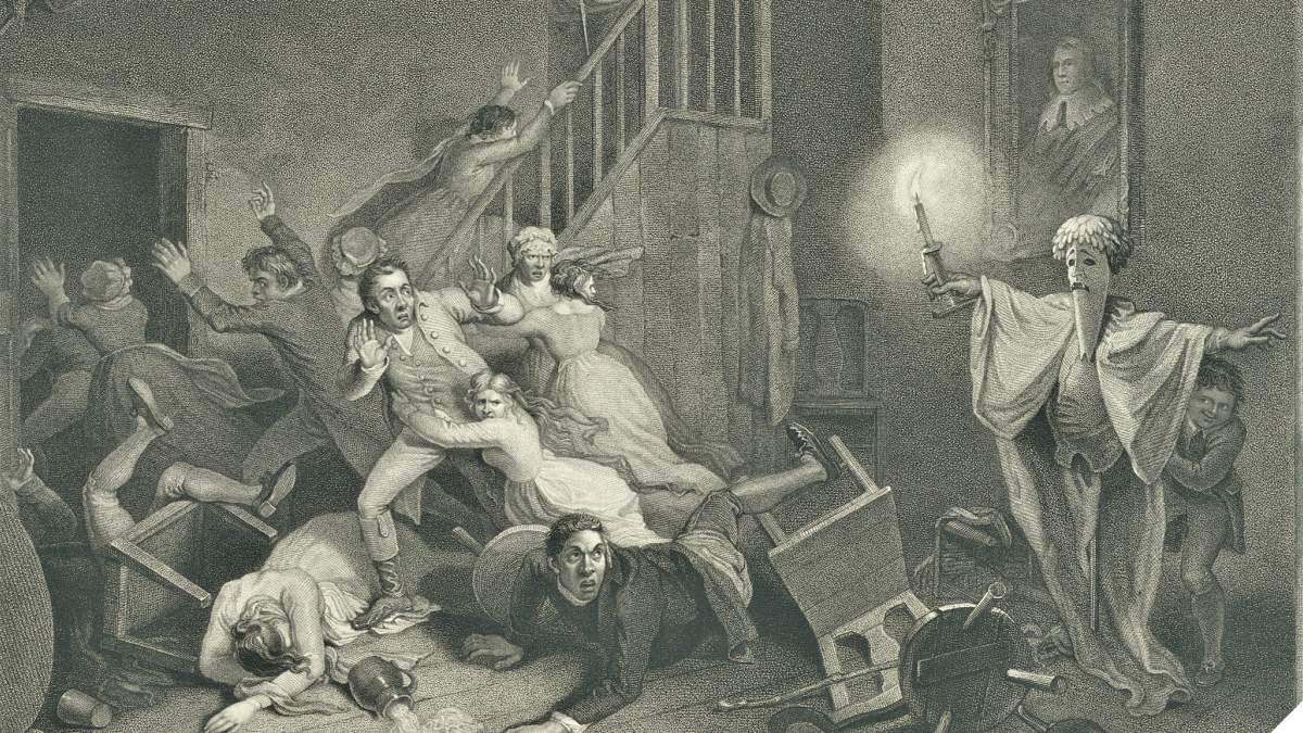 A 1700s engraving showing a room of people being scared by a faux ghost. (Photo: Library of Congress)