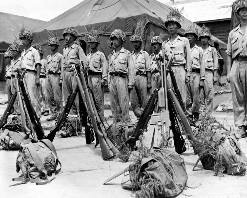 The ROK Army was equipped along U.S. lines, using M1 Garands and Carbines, M1918 BARs, M1919 Brownings, M1911A1 handguns, and the like. Korea received 296,450 M1 rifles and still reportedly has warehouses full of them. Pictured: Soldiers of the Republic of Korea during an inspection, Jan. 1950. (Photo: U.S. Army Photo)