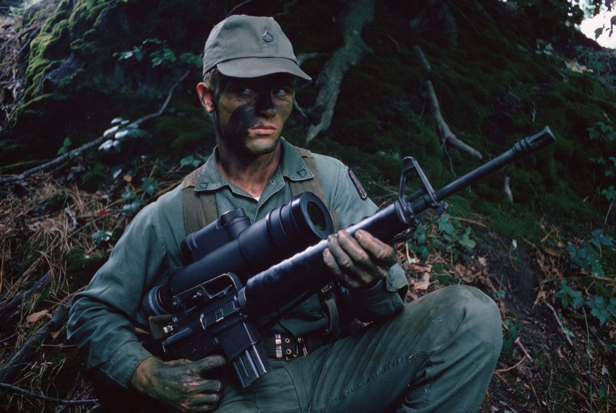 An infantryman armed with an M16A1 rifle and an AN/PVS-2 Starlight scope for use at night, July 1, 1972 (Photo & Caption: National Archives)